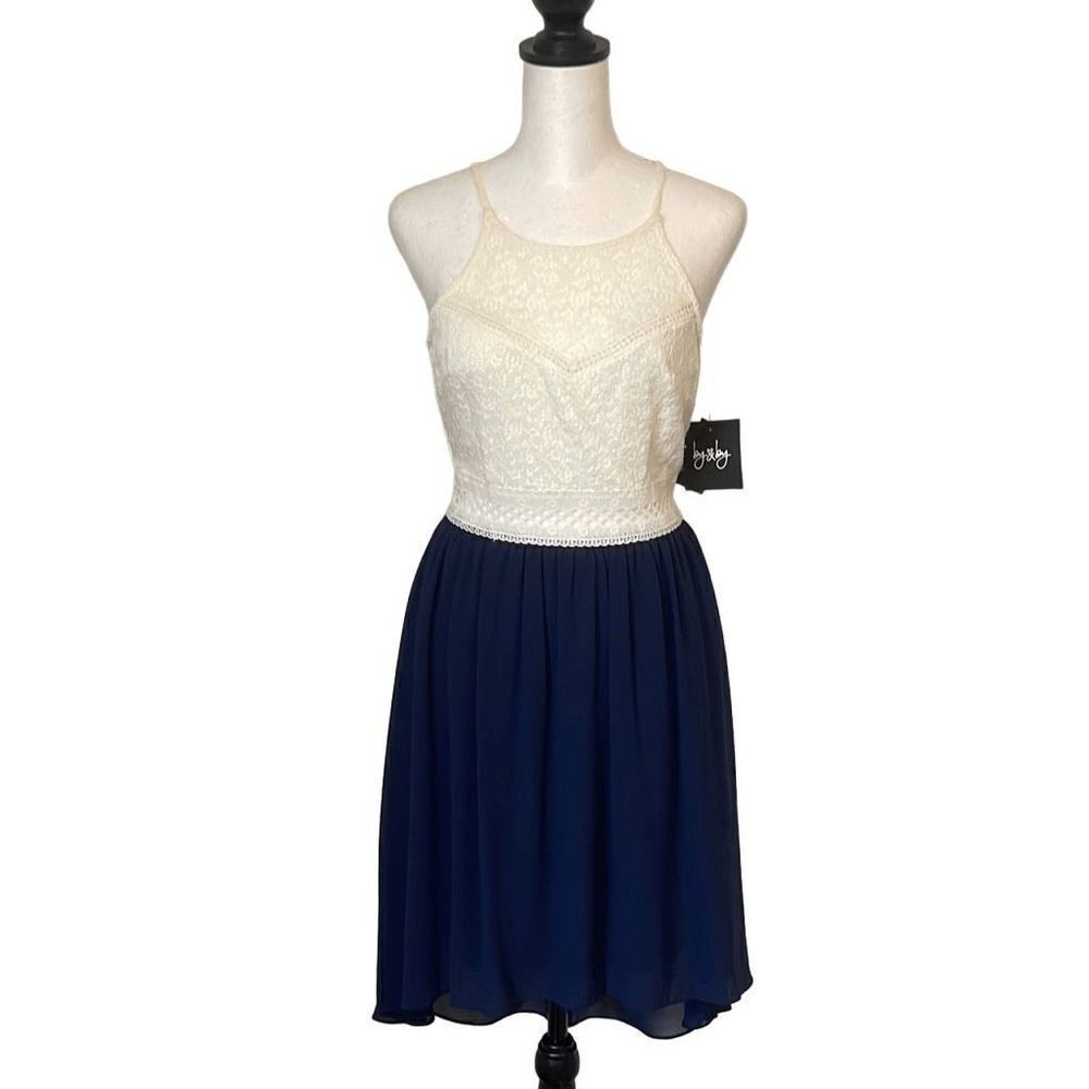 By & By Womens Lace Dress Lined‎ Hi Low Fit Flare Sleeveless Cream Navy Blue 3